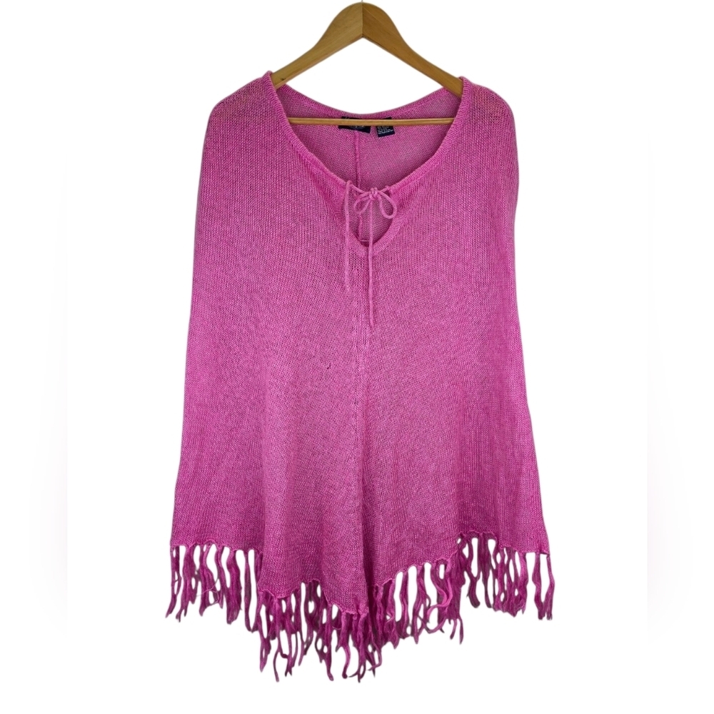 Y2k Angels Womens Pancho Ramie Wool  Pink Fringe Light Weight Size ONE SIZE